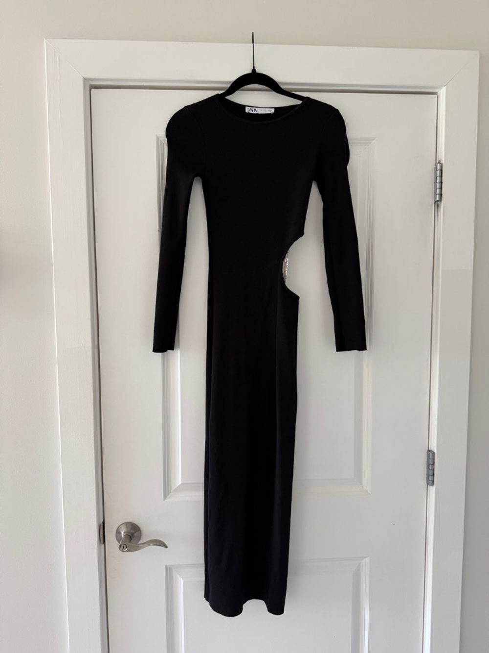 Zara Black Long Sleeve Maxi Dress with Asymmetric Side Cutout